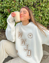 Cream Varsity Crewneck Sweatshirt with Inspirational WWJD Design