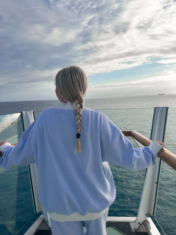 Mini Striped Mockneck Sweatshirt in Blue and White for Effortless Layering