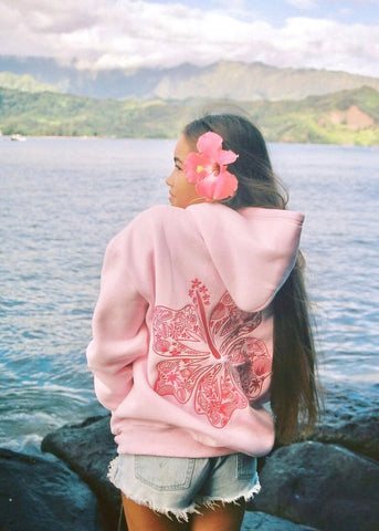Blush Pink Hoodie with Embroidered Hawaiian Hibiscus Flower