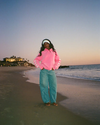 Vintage Washed Pink Oversized Hoodie with Heart Sleeve Detail