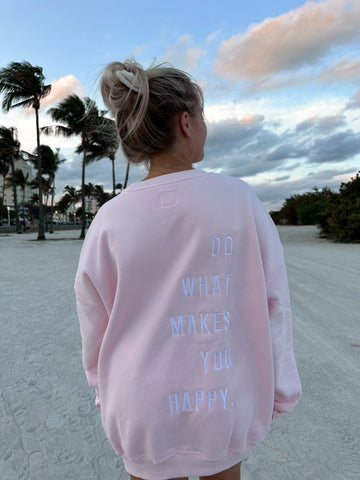 Embroidered Happy Vibes Sweatshirt in Soft Blush Pink