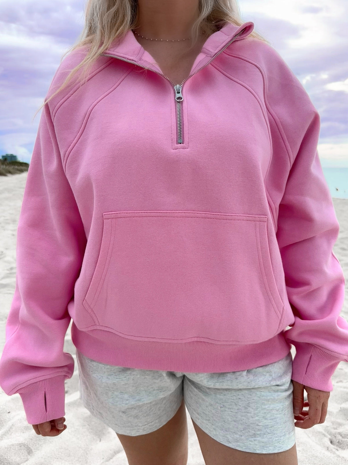 Sweet Pea Pink Quarter Zip Hoodie for Pilates & Everyday Style