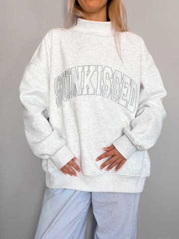 Pearl Grey Mockneck Sweatshirt with Embroidered Varsity Style