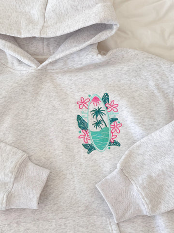 Pearl Grey Embroidered Hoodie with Surf Wave Design for Effortless Street Style