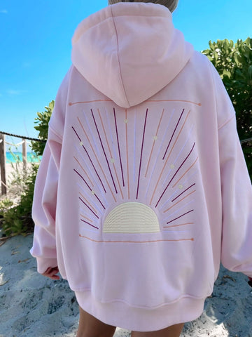 Soft Pink Sunset Rays Embroidered Hoodie for Cozy Everyday Style