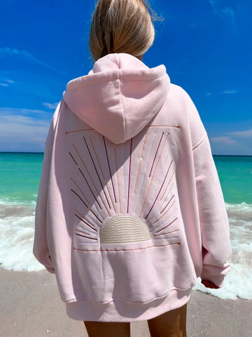 Soft Pink Sunset Rays Embroidered Hoodie for Cozy Everyday Style