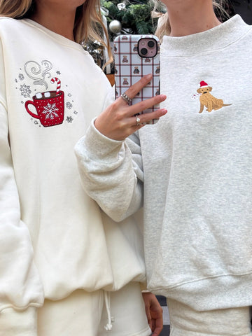 Festive Hot Chocolate Embroidered Sweatshirt for Cozy Christmas Moments