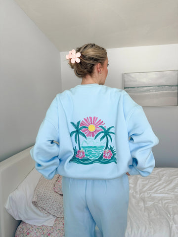 Icy Blue Embroidered Hibiscus Sweatshirt for Beachy Street Style