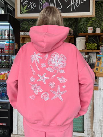 Tropical Embroidery Hoodie in Vibrant Hibiscus Pink for Boho Summer Style
