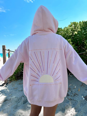 Soft Pink Sunset Rays Embroidered Hoodie for Cozy Everyday Style