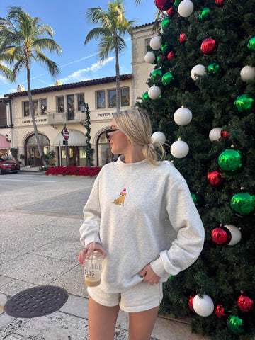 Cozy Pearl Grey Christmas Sweatshirt with Embroidered Santa Dog
