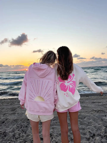 Soft Pink Sunset Rays Embroidered Hoodie for Cozy Everyday Style