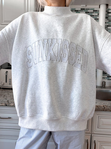 Pearl Grey Mockneck Sweatshirt with Embroidered Varsity Style
