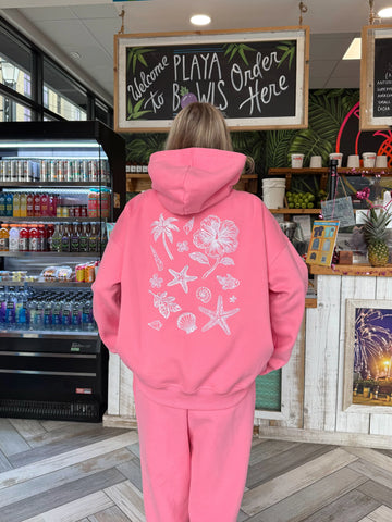 Tropical Embroidery Hoodie in Vibrant Hibiscus Pink for Boho Summer Style