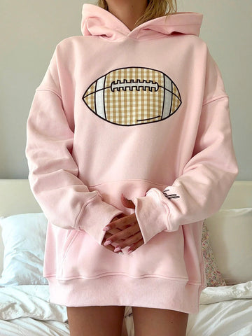 Light Pink Gingham Hoodie with Embroidered Football for Game Day Style