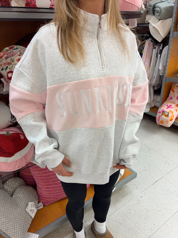 Pearl Grey Quarter Zip Sweatshirt with Pink Floral Embroidery