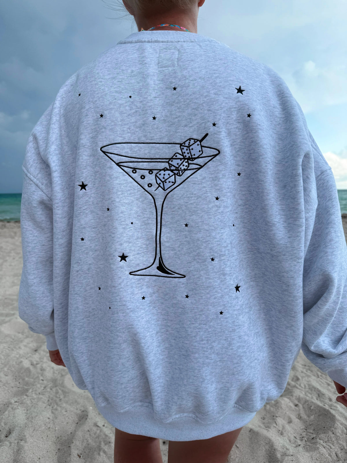 Pearl Grey Sweatshirt with Elegant Martini Dice Embroidery
