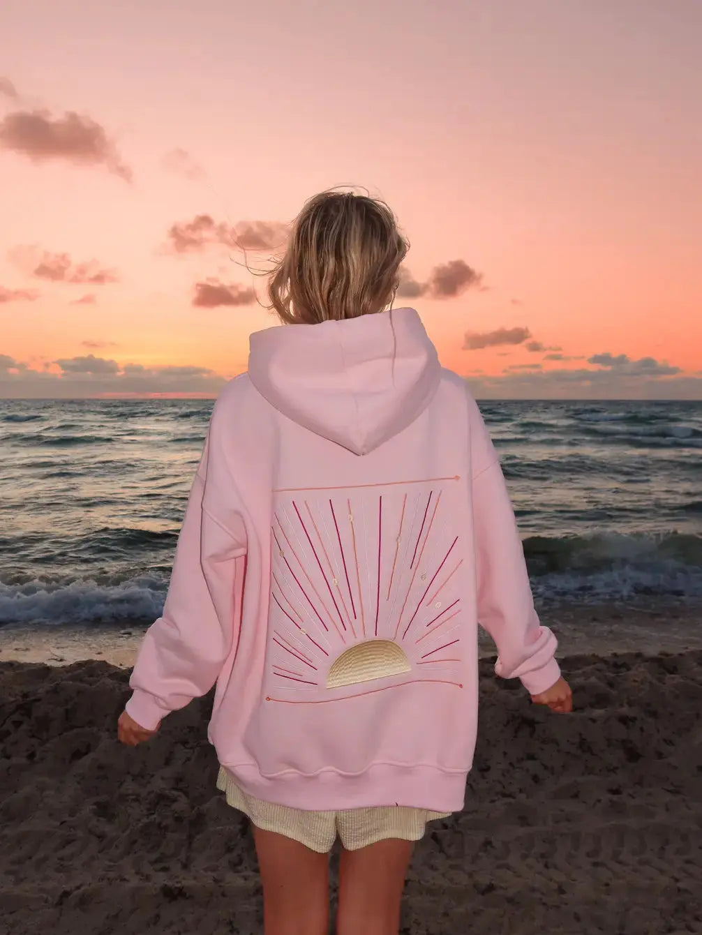 Soft Pink Sunset Rays Embroidered Hoodie for Cozy Everyday Style