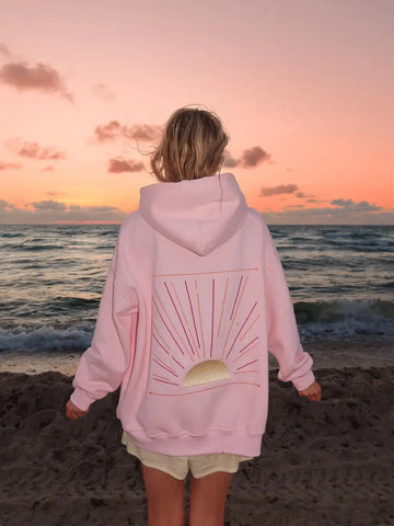 Soft Pink Sunset Rays Embroidered Hoodie for Cozy Everyday Style