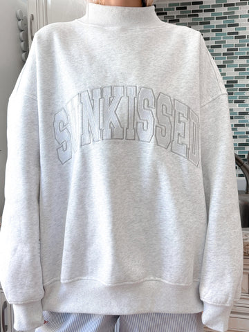 Pearl Grey Mockneck Sweatshirt with Embroidered Varsity Style