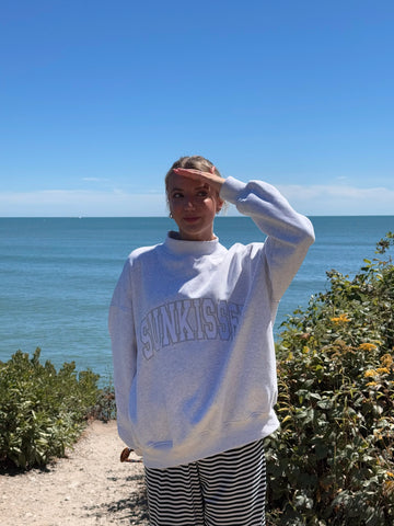 Pearl Grey Mockneck Sweatshirt with Embroidered Varsity Style