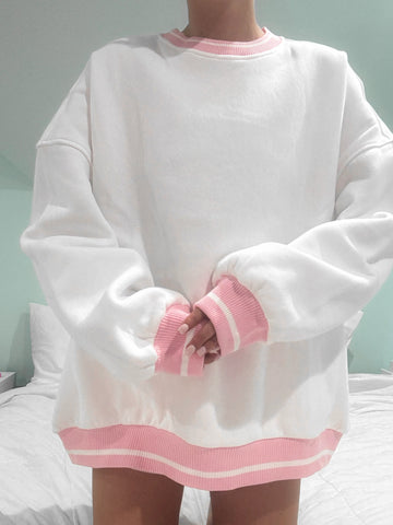 Preppy Pink and White Crewneck Sweatshirt for Effortless Everyday Style