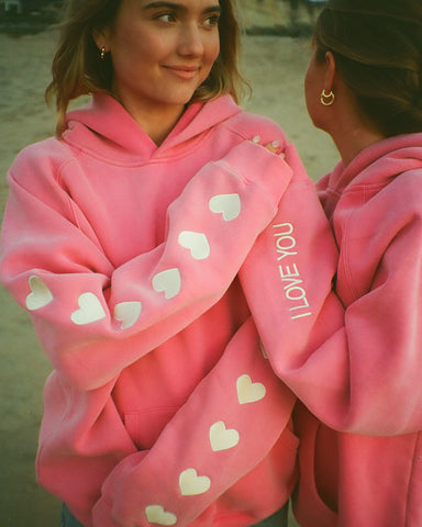 Vintage Washed Pink Oversized Hoodie with Heart Sleeve Detail