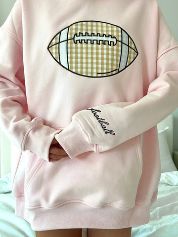 Light Pink Gingham Hoodie with Embroidered Football for Game Day Style