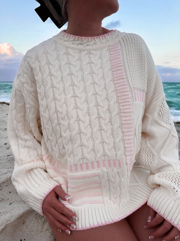 Cozy Patchwork Knit Sweater with Pink Stitching for Everyday Charm
