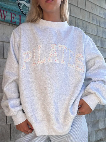 Pearl Grey Mockneck Sweatshirt with Pilates Embroidery - Effortless Everyday Elegance