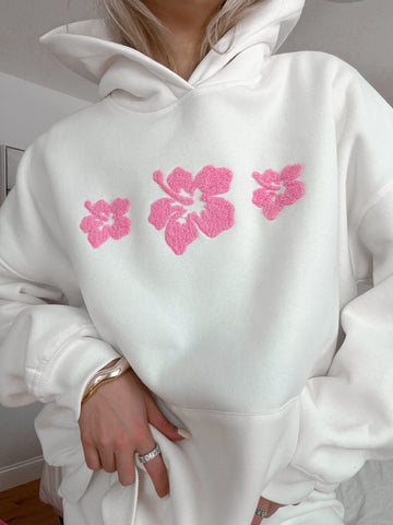 Ivory Floral Hoodie with Hibiscus Print for Everyday Boho Style