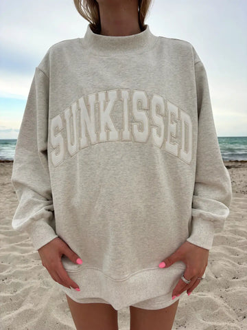 Oversized Oat Milk Grey Sweatshirt with Sun Kissed Embroidery | Cozy Cotton Mockneck