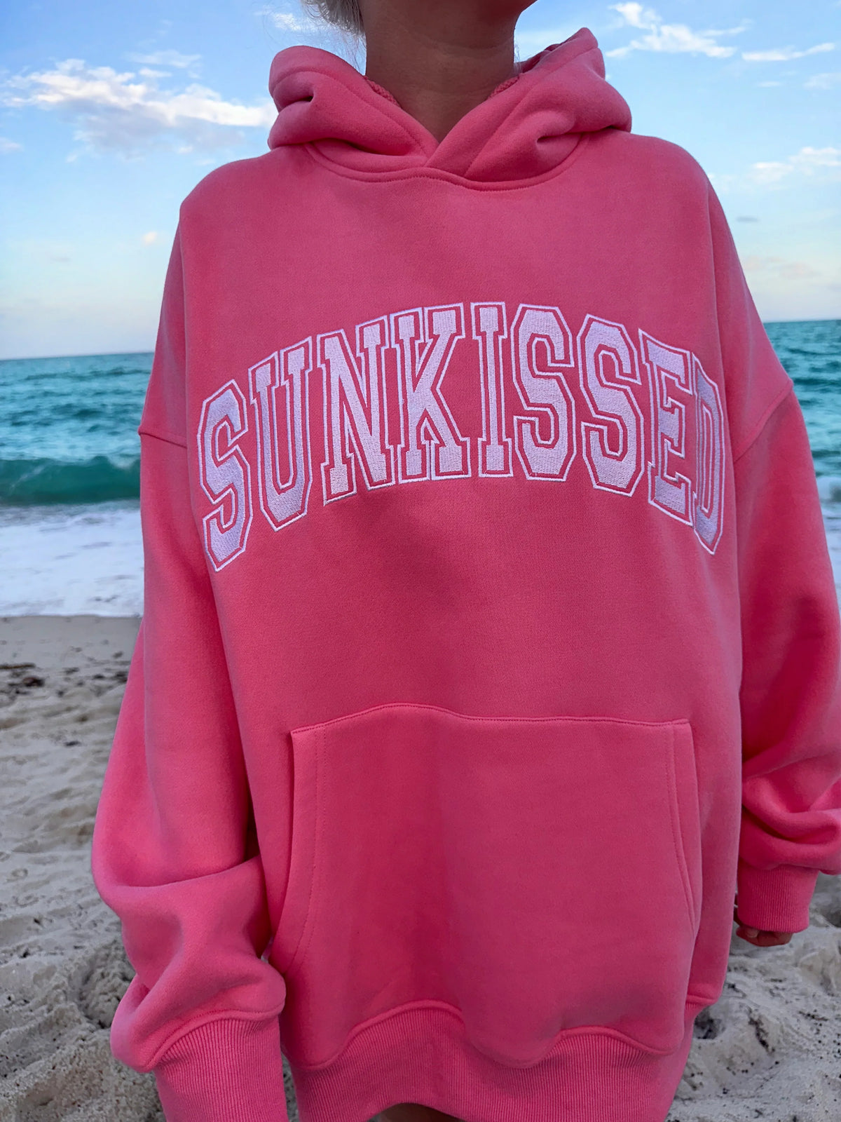 Hibiscus Pink Embroidered Varsity Hoodie for Effortless Street Style