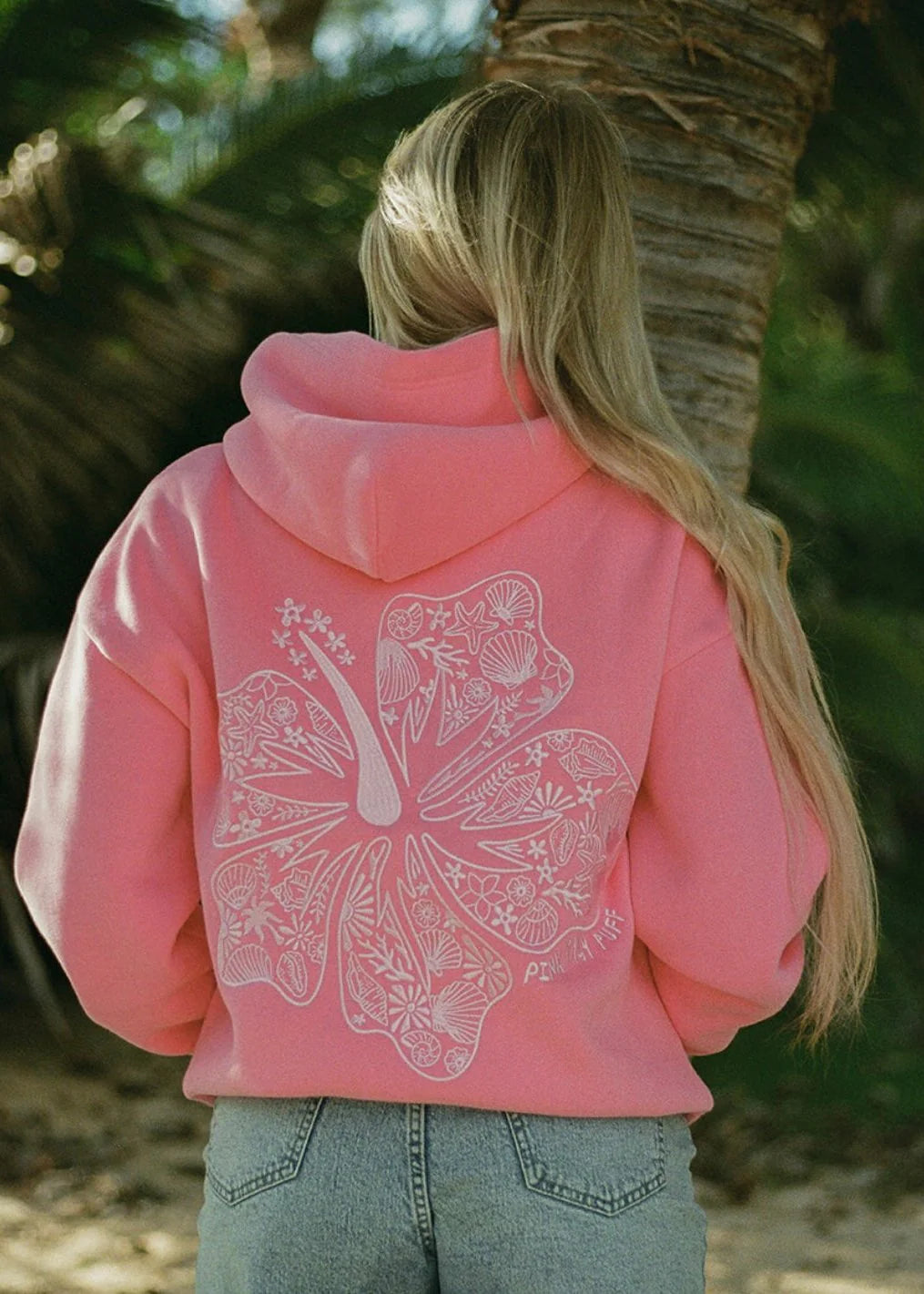 Sonic Pink Hoodie with Embroidered Hawaiian Hibiscus Flower