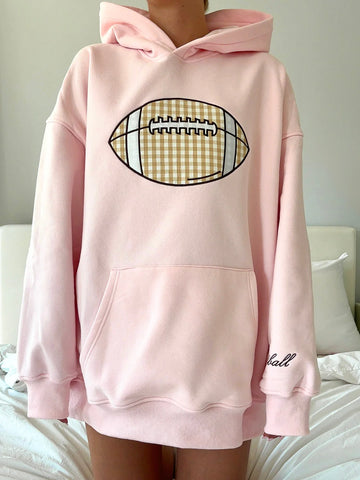 Light Pink Gingham Hoodie with Embroidered Football for Game Day Style