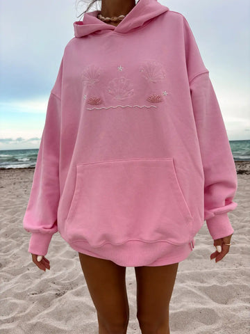Oversized Pink Beaded Hoodie for Effortless Beachside Style