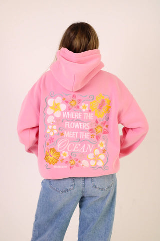 Bubblegum Pink Embroidered Hoodie with Coastal Floral Design