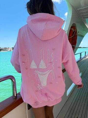 Oversized Pink Beaded Hoodie for Effortless Beachside Style