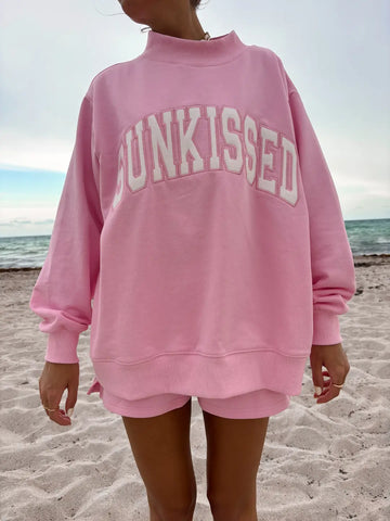 Pink Varsity Sunkissed Embroidered Mockneck Sweatshirt in Cozy 100% Cotton