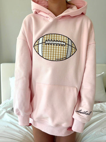 Light Pink Gingham Hoodie with Embroidered Football for Game Day Style