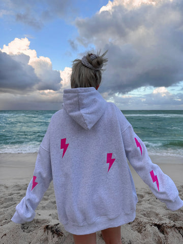 Pearl Grey Embroidered Lightning Bolt Hoodie for Effortless Street Style