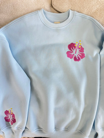 Icy Blue Embroidered Hibiscus Sweatshirt for Beachy Street Style
