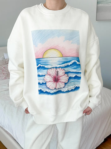 Dreamy Ivory Ocean Sunset Graphic Sweatshirt for Effortless Cozy Style