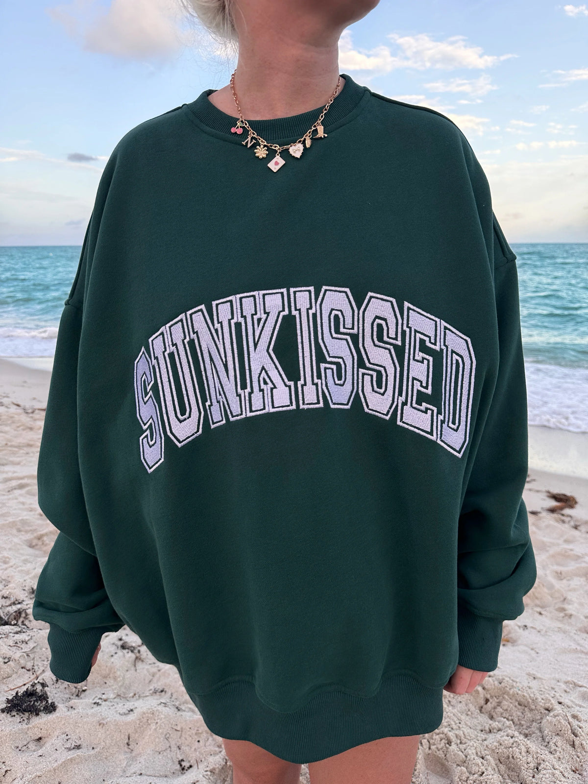 Varsity Embroidered Sweatshirt in Winter Green for Cozy Everyday Style