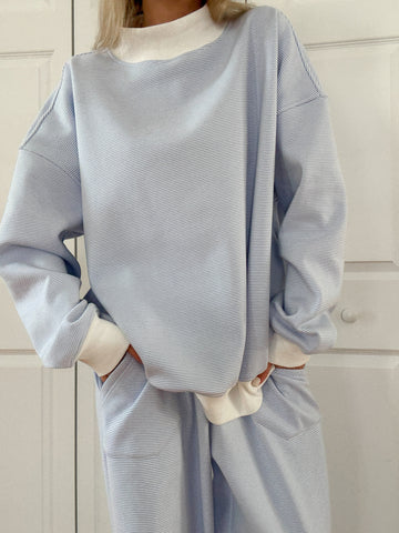 Mini Striped Mockneck Sweatshirt in Blue and White for Effortless Layering