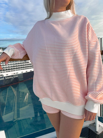 Soft Pink and White Striped Mock Neck Sweatshirt for Effortless Everyday Style