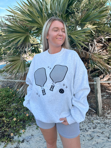 Cozy Pearl Grey Sweatshirt with Delicate Pickleball Embroidery