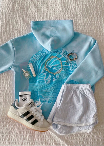 Cozy Embroidered Hoodie in Soft Blue with Inspirational Wave Design
