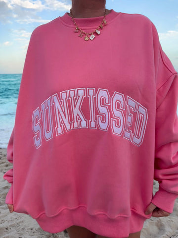 Pink Hibiscus Embroidered Varsity Sweatshirt for Effortless Street Style