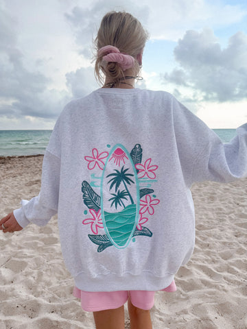 Effortless Pearl Grey Sweatshirt with Surfing The Waves Embroidery